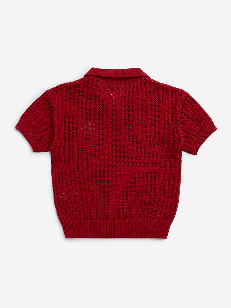 HOP Kids Red Knit-Textured Cotton T-Shirt