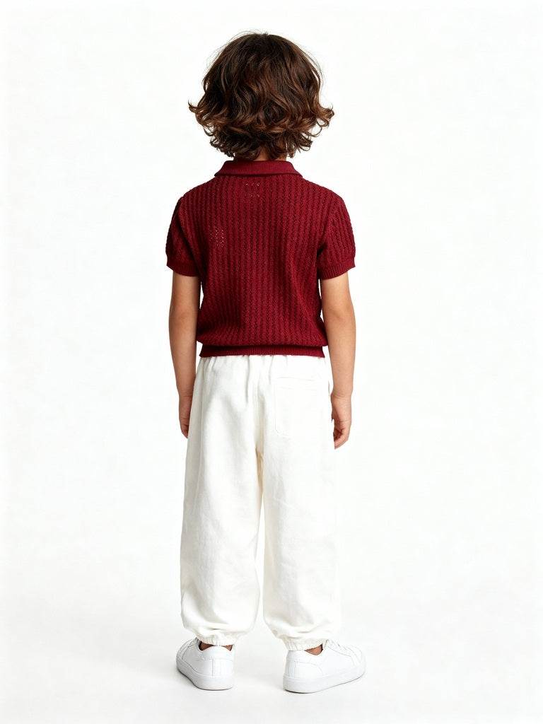 HOP Kids Red Knit-Textured Cotton T-Shirt
