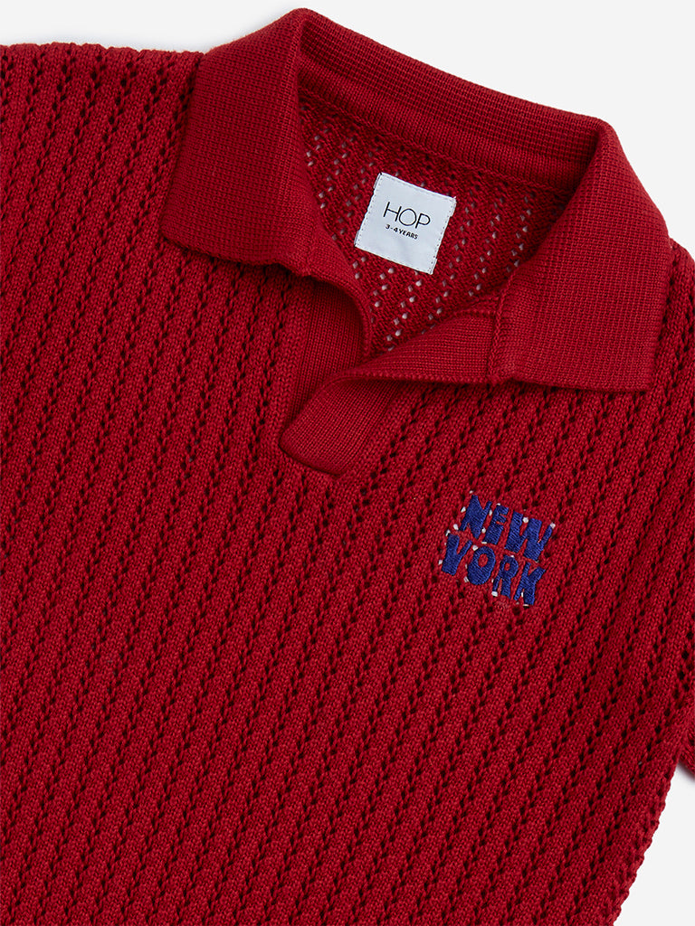 HOP Kids Red Knit-Textured Cotton T-Shirt