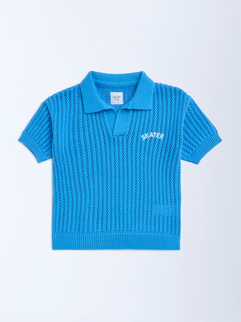 HOP Kids Blue Knit-Textured Cotton T-Shirt