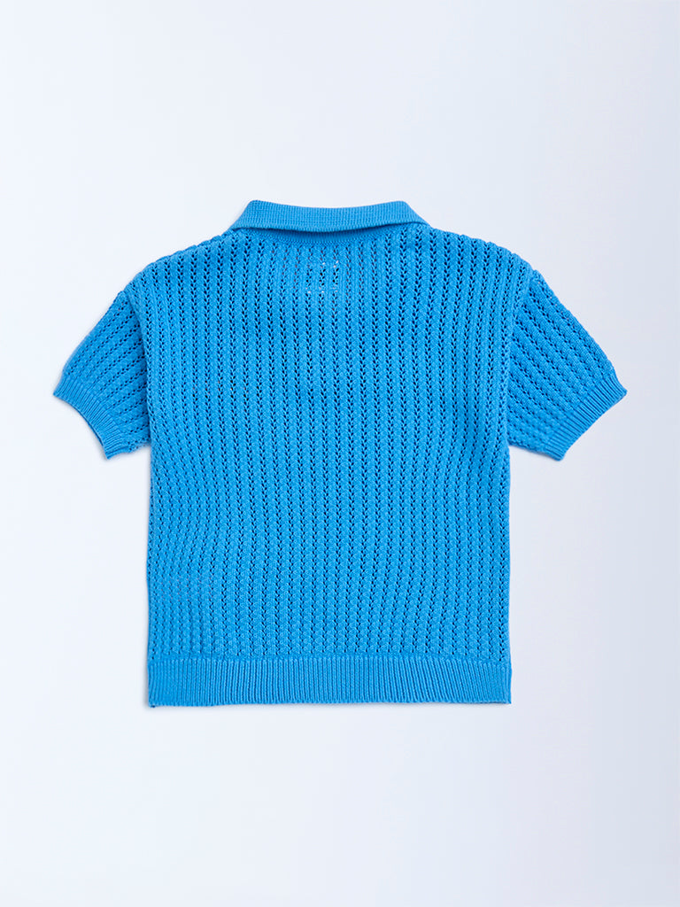 HOP Kids Blue Knit-Textured Cotton T-Shirt