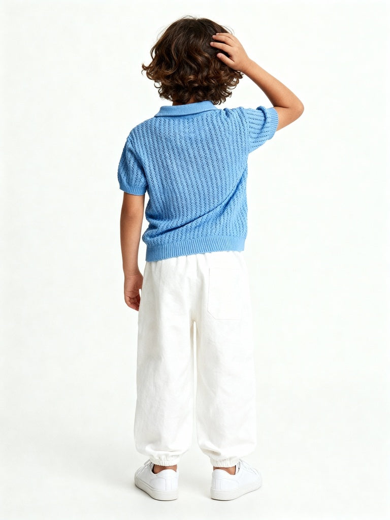 HOP Kids Blue Knit-Textured Cotton T-Shirt