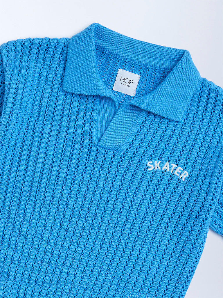 HOP Kids Blue Knit-Textured Cotton T-Shirt
