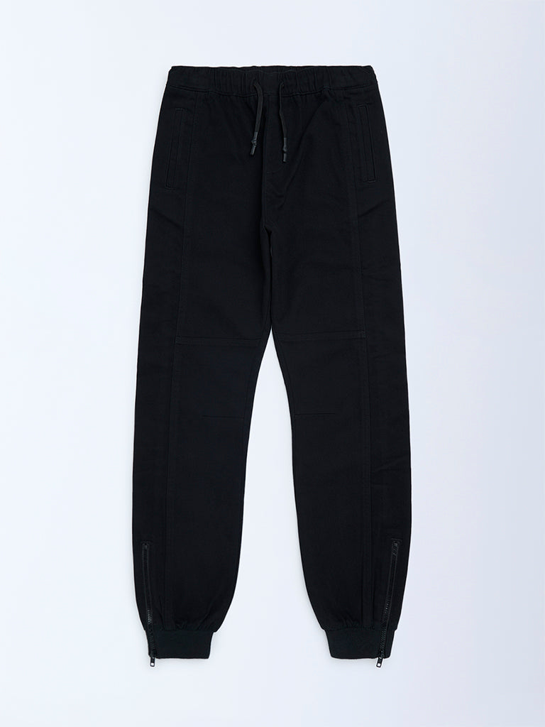 Y&F Kids Black Solid Mid-Rise Cotton-Blend Joggers