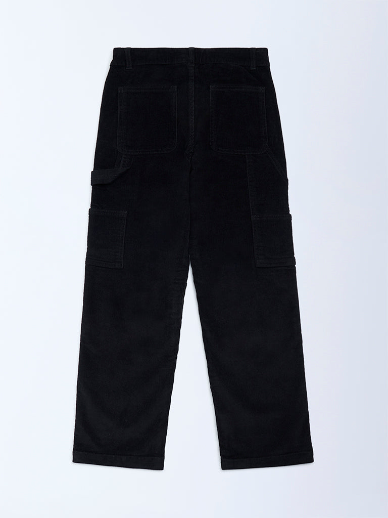 Y&F Kids Black Relaxed-Fit Mid-Rise Corduroy Trousers