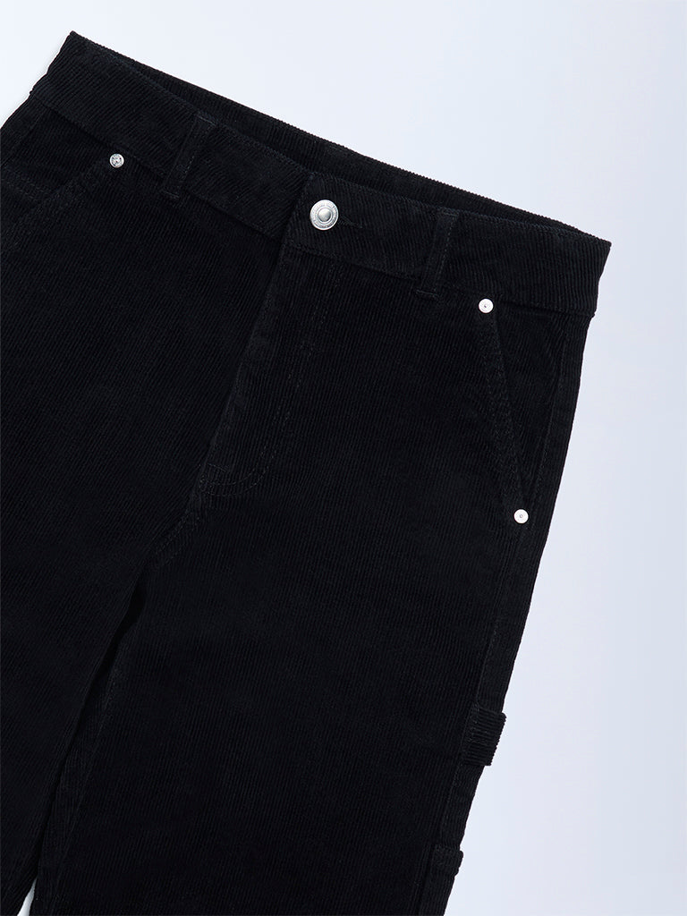 Y&F Kids Black Relaxed-Fit Mid-Rise Corduroy Trousers
