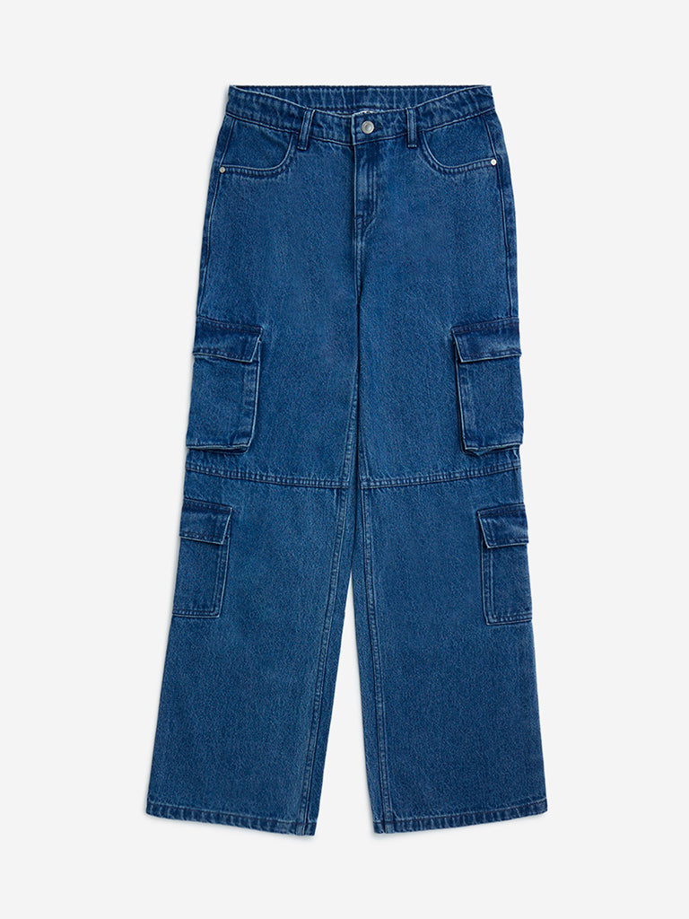 Y&F Kids Blue Cargo-Style Straight-Fit High-Rise Jeans