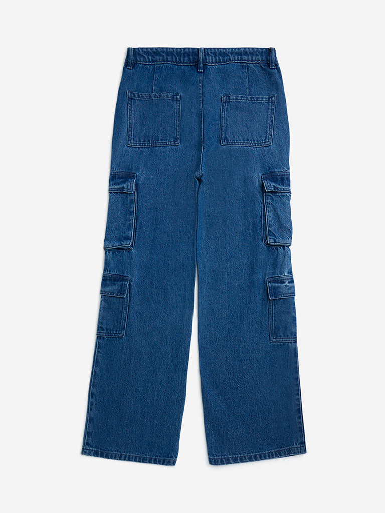Y&F Kids Blue Cargo-Style Straight-Fit High-Rise Jeans