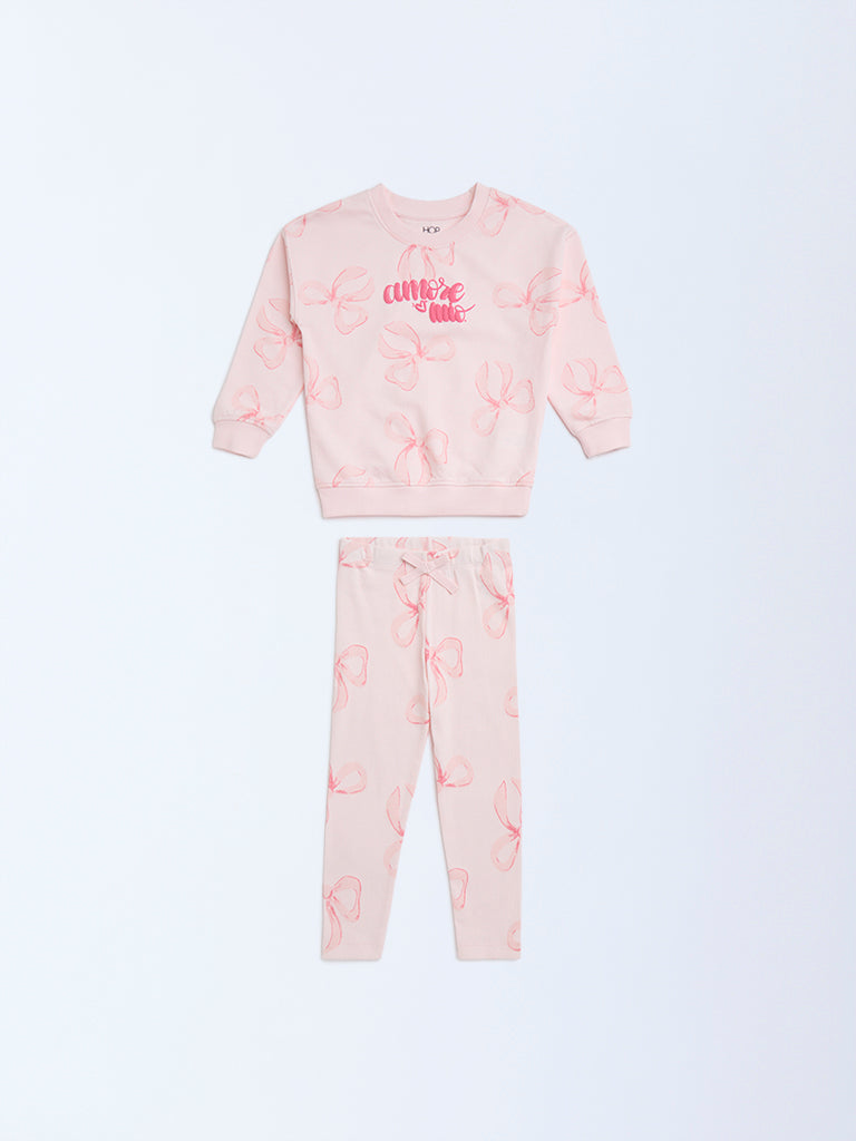 HOP Kids Pink Printed Cotton Sweatshirt and Leggings Set