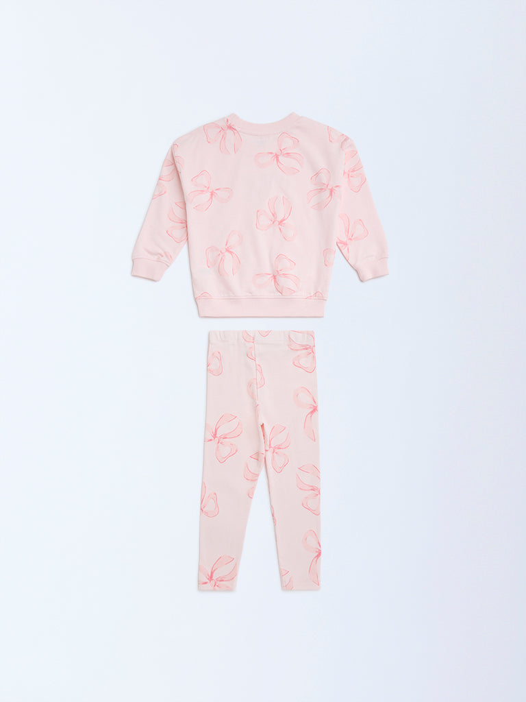 HOP Kids Pink Printed Cotton Sweatshirt and Leggings Set