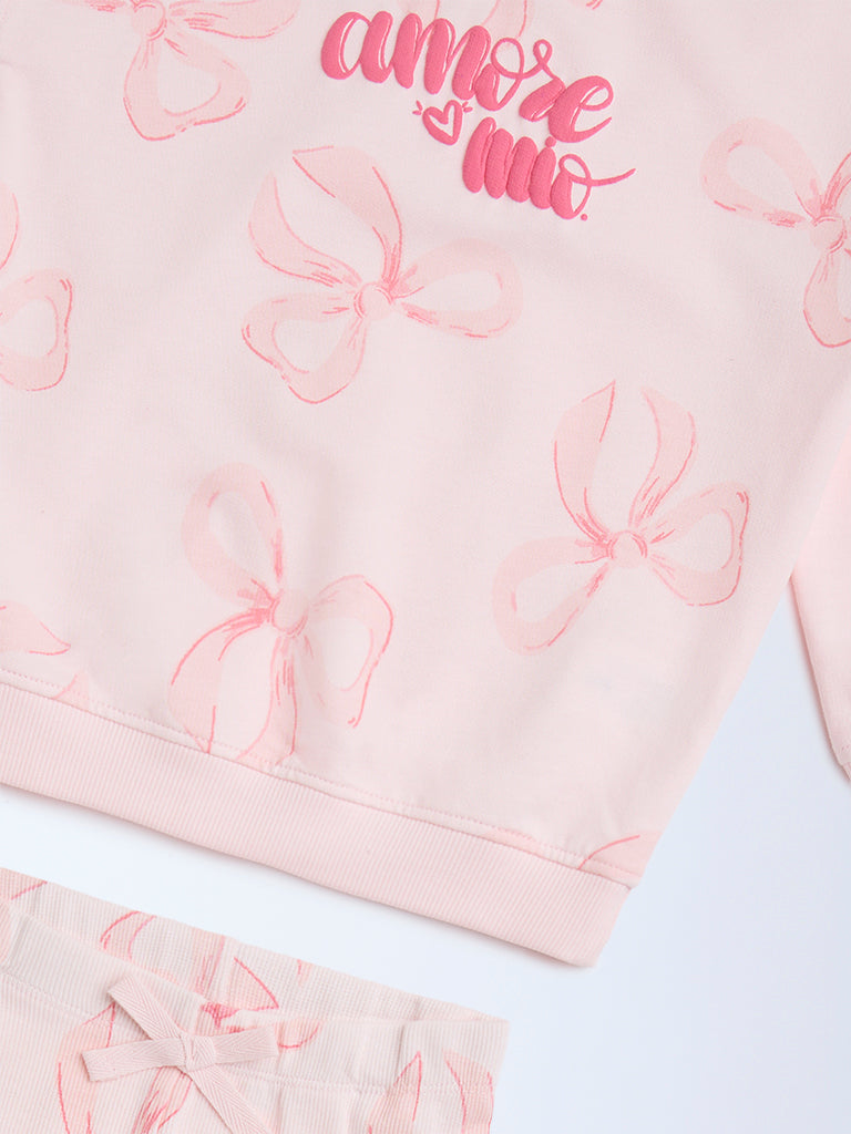 HOP Kids Pink Printed Cotton Sweatshirt and Leggings Set