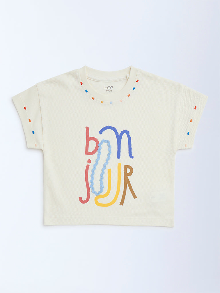 HOP Kids Off-White Text Printed Cotton T-Shirt