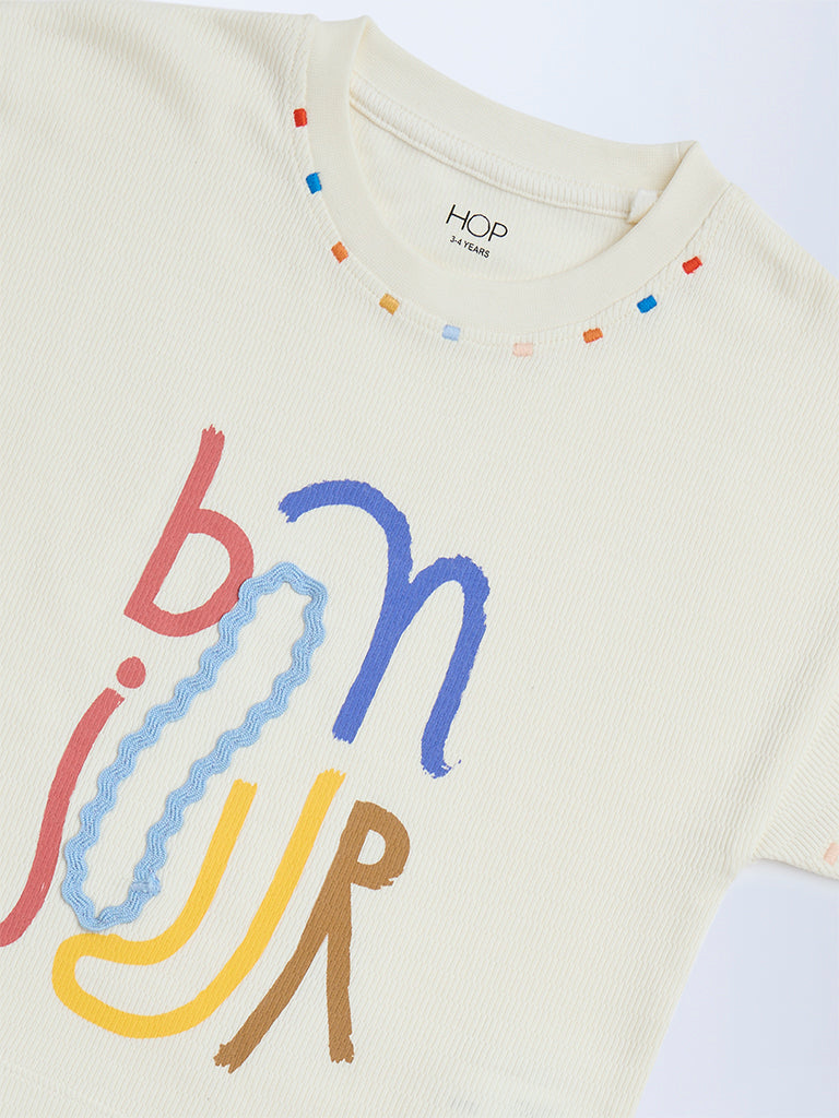 HOP Kids Off-White Text Printed Cotton T-Shirt