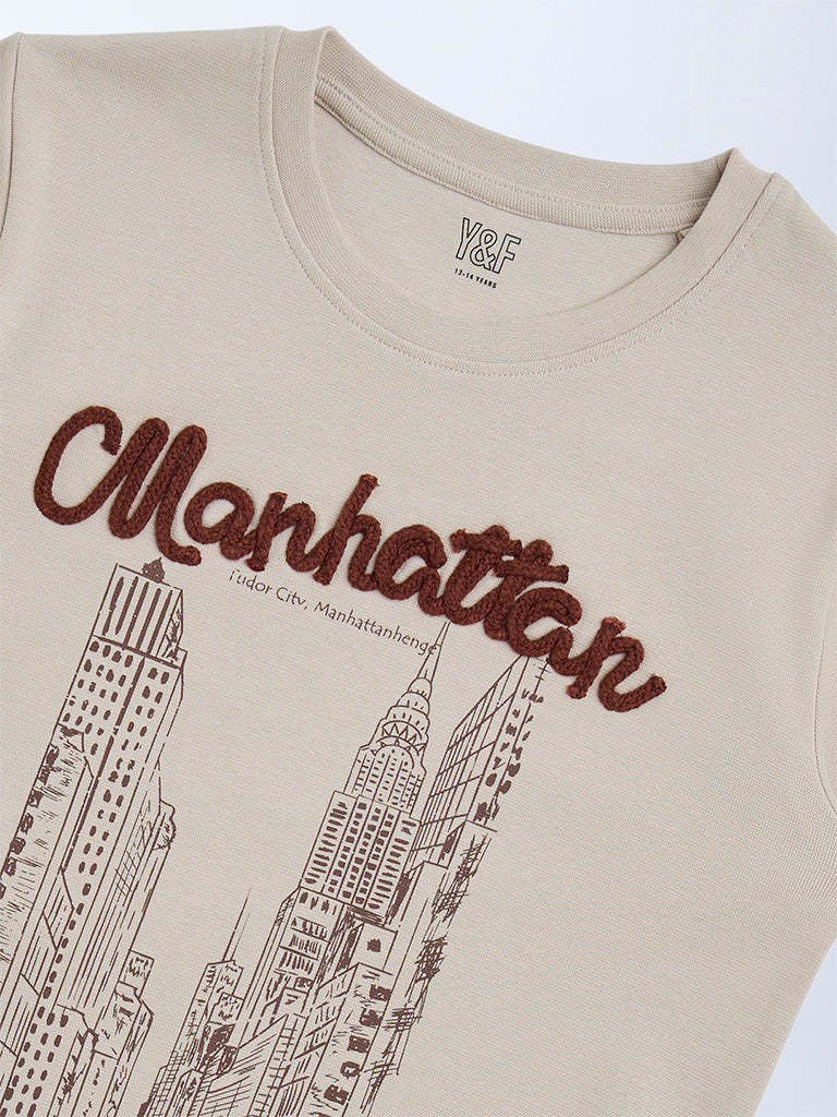 Y&F Kids Beige Cityscape-Inspired Cotton-Blend T-Shirt