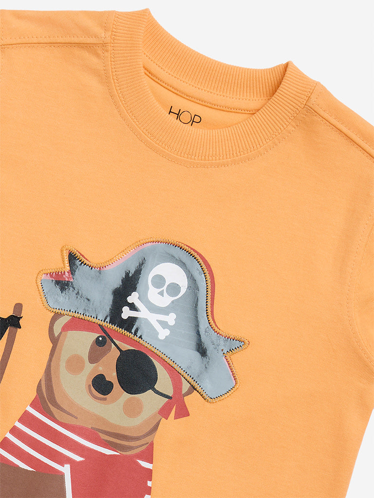 HOP Kids Orange Printed Cotton T-Shirt
