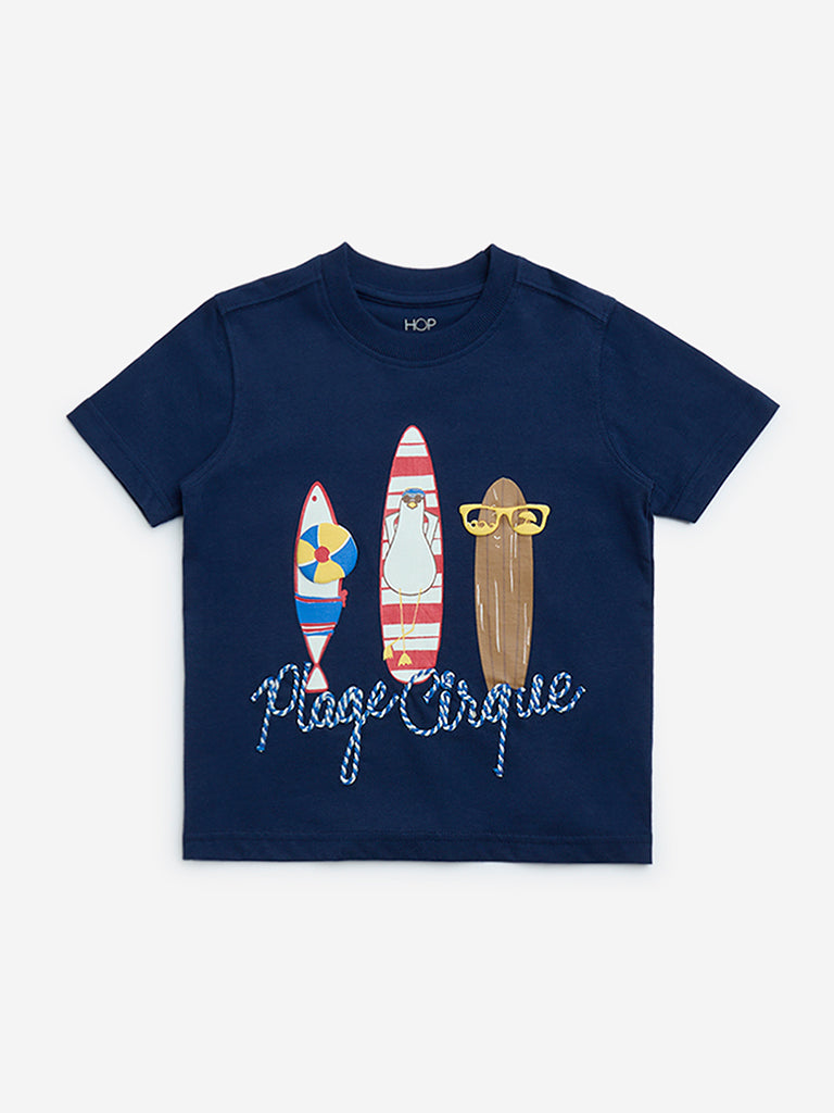 HOP Kids Navy Printed Cotton T-Shirt