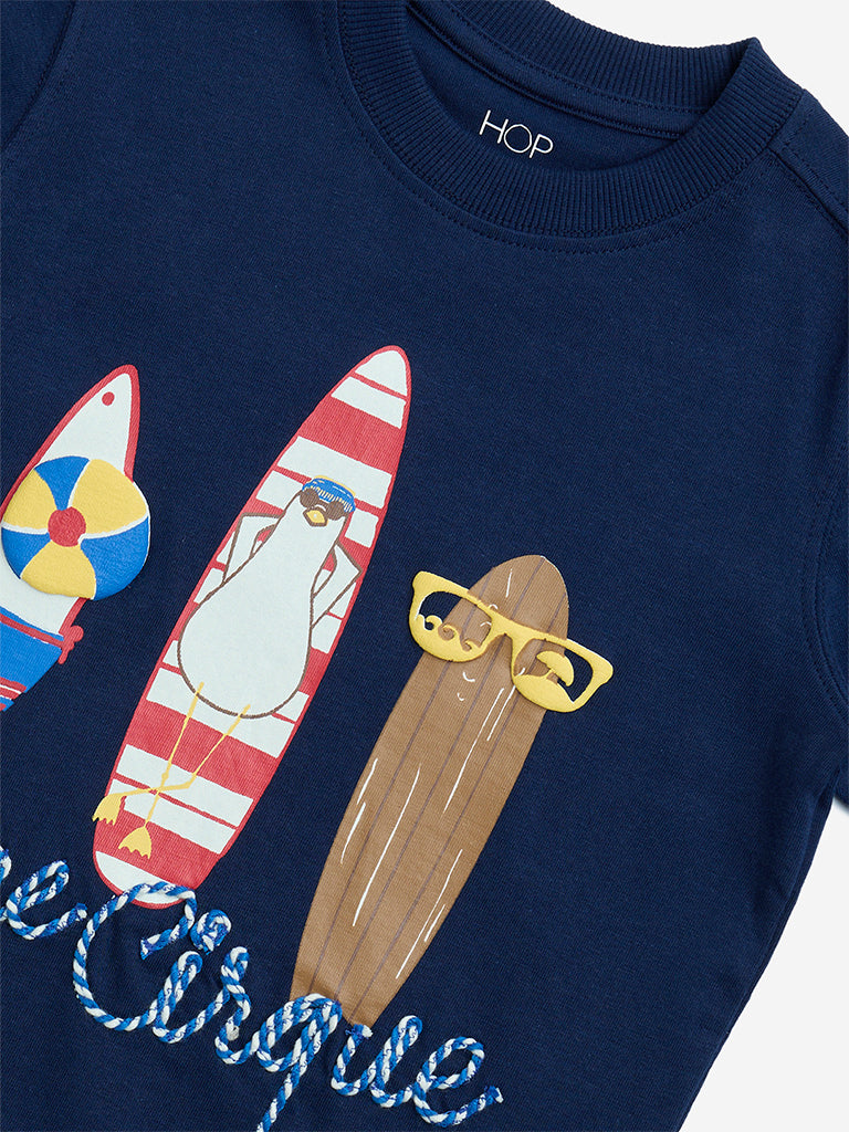 HOP Kids Navy Printed Cotton T-Shirt