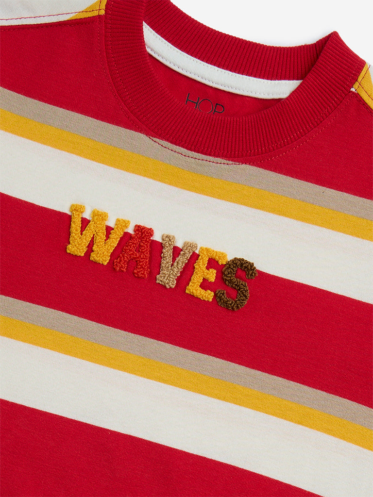 HOP Kids Red Stripe Printed Cotton T-Shirt