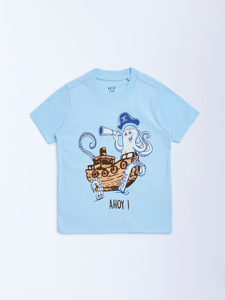HOP Kids Light Blue Pirate-Themed Cotton T-Shirt