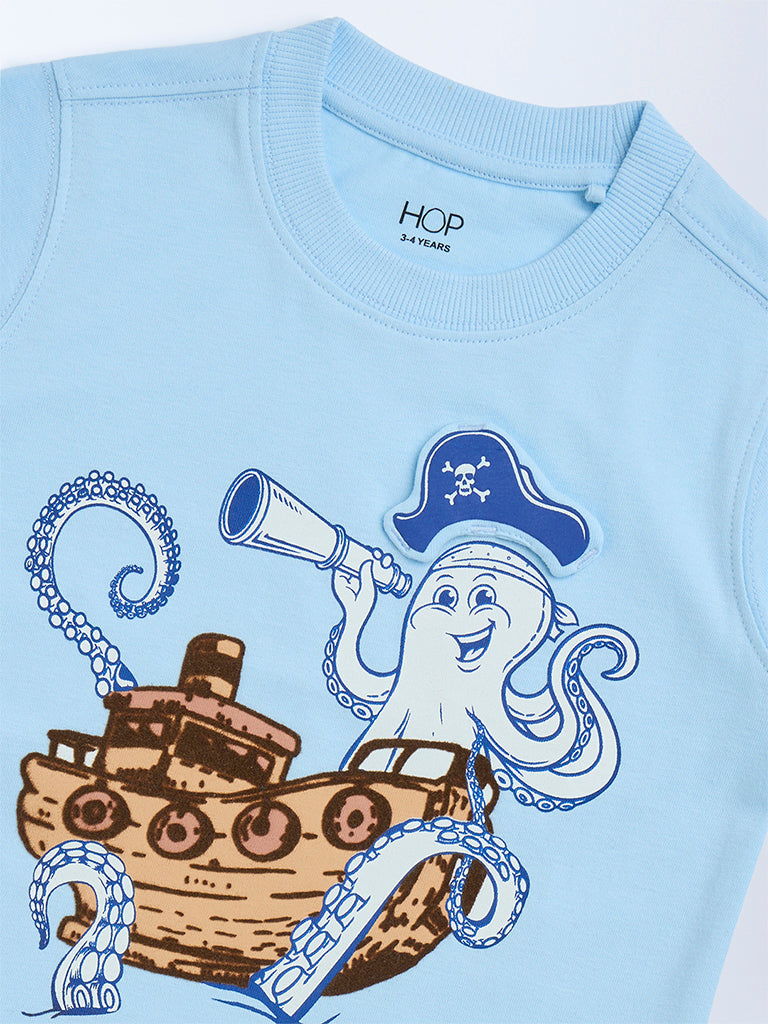 HOP Kids Light Blue Pirate-Themed Cotton T-Shirt