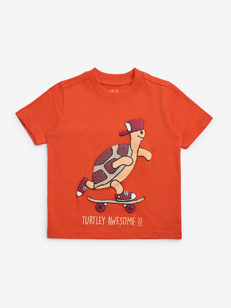 HOP Kids Orange Animal Embossed Cotton T-Shirt