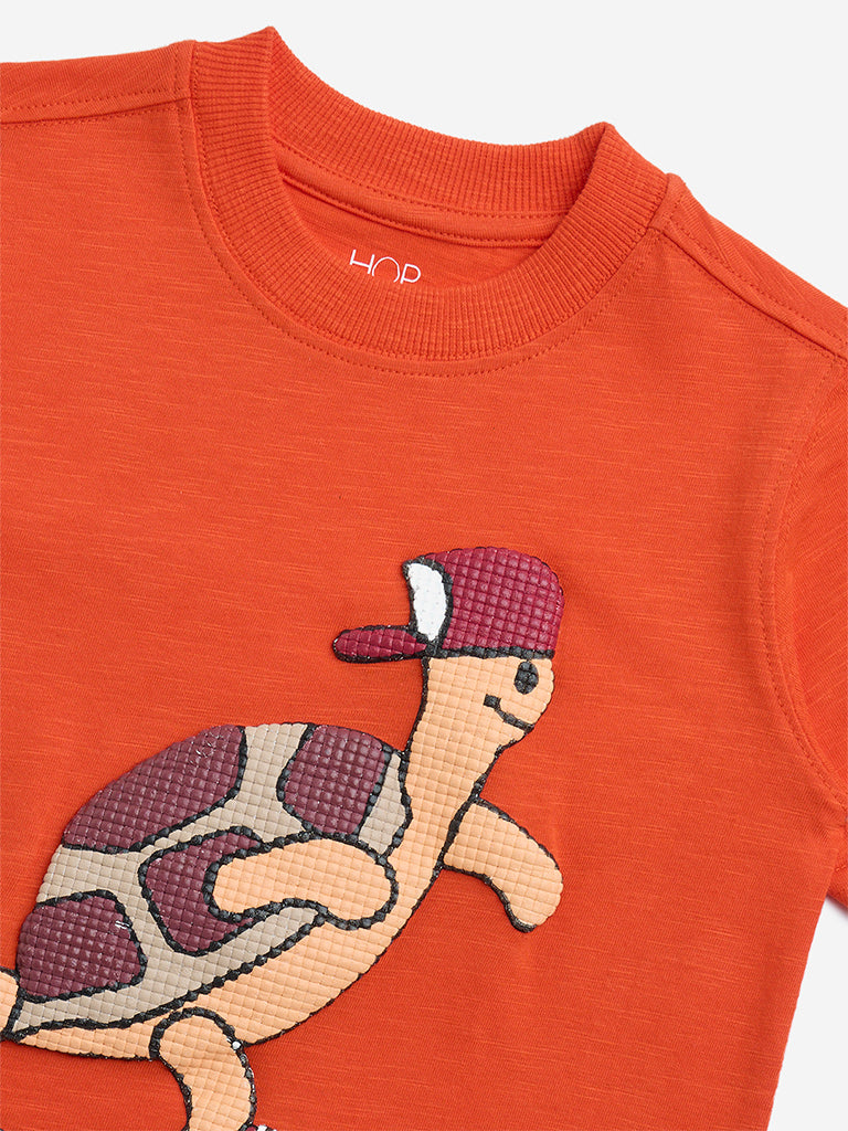HOP Kids Orange Animal Embossed Cotton T-Shirt