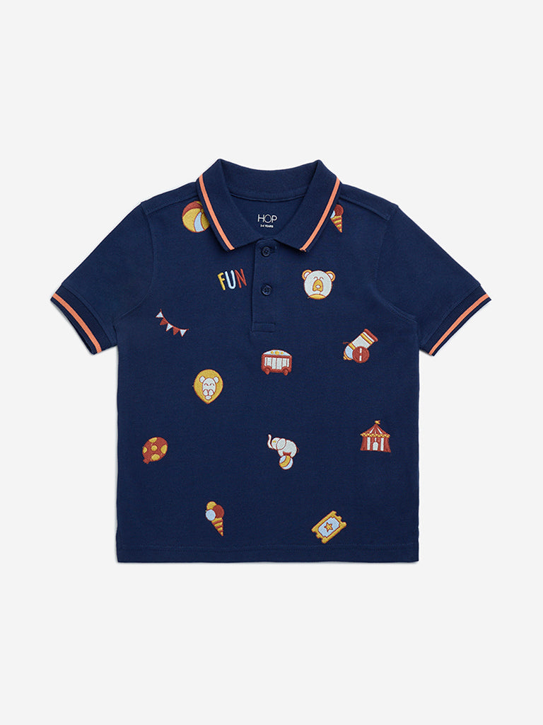 HOP Kids Navy Embroidered Cotton Polo T-Shirt