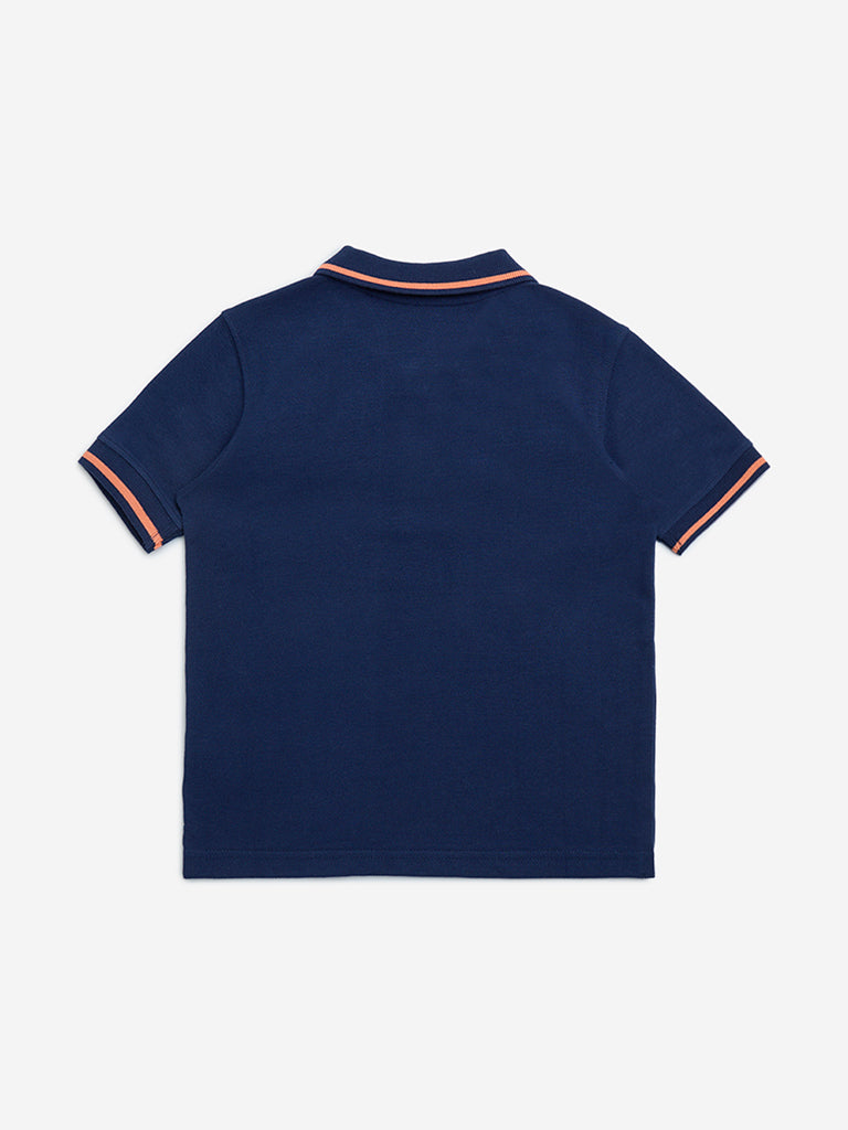 HOP Kids Navy Embroidered Cotton Polo T-Shirt