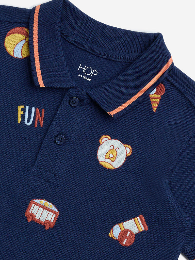 HOP Kids Navy Embroidered Cotton Polo T-Shirt