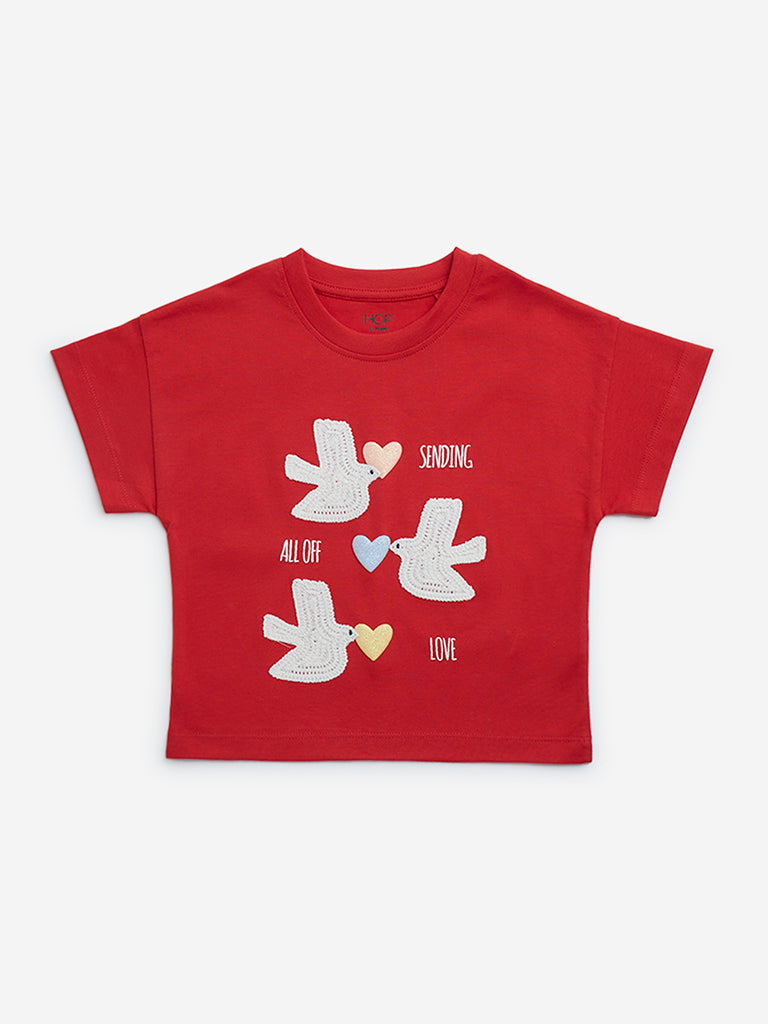 HOP Kids Red Bird Detailed Cotton T-Shirt