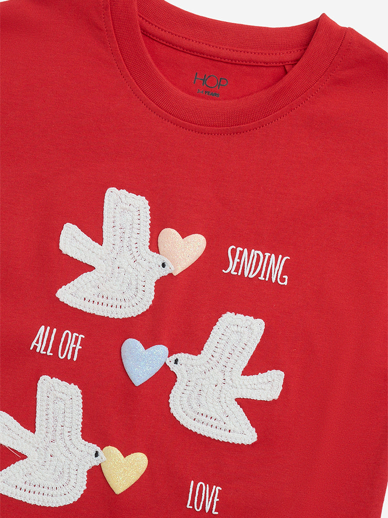 HOP Kids Red Bird Detailed Cotton T-Shirt