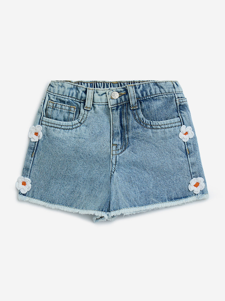 HOP Kids Blue Floral Detailed Mid-Rise Denim Shorts