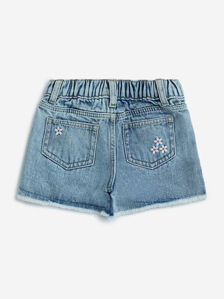 HOP Kids Blue Floral Detailed Mid-Rise Denim Shorts