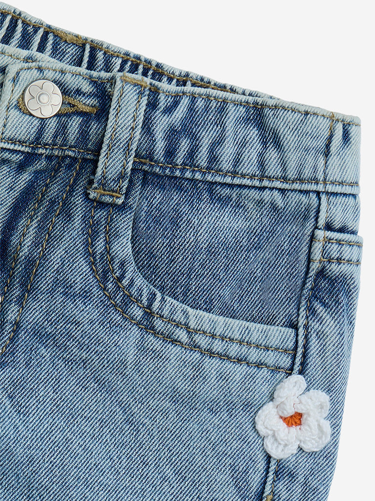 HOP Kids Blue Floral Detailed Mid-Rise Denim Shorts