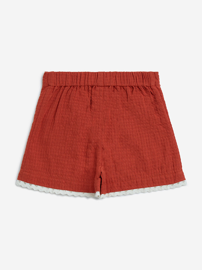 HOP Kids Rust Crinkle-Textured High-Rise Cotton Shorts