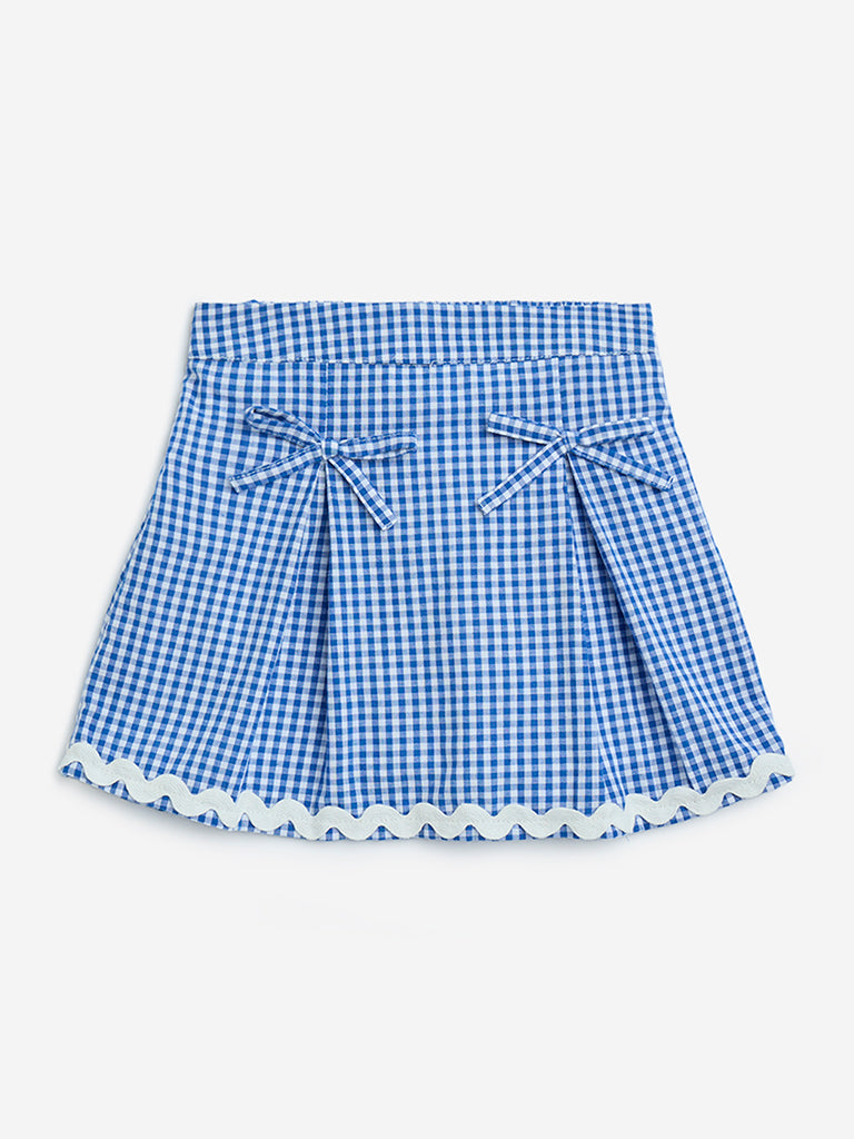 HOP Kids Blue Gingham Checks Design High-Rise Cotton Skirt