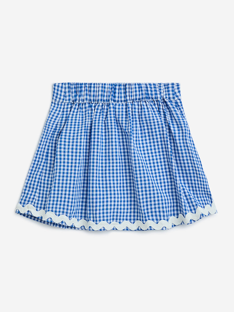 HOP Kids Blue Gingham Checks Design High-Rise Cotton Skirt
