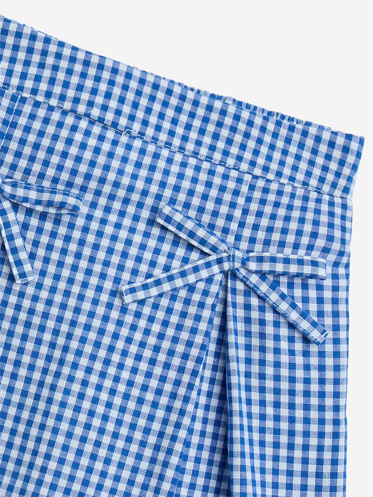HOP Kids Blue Gingham Checks Design High-Rise Cotton Skirt