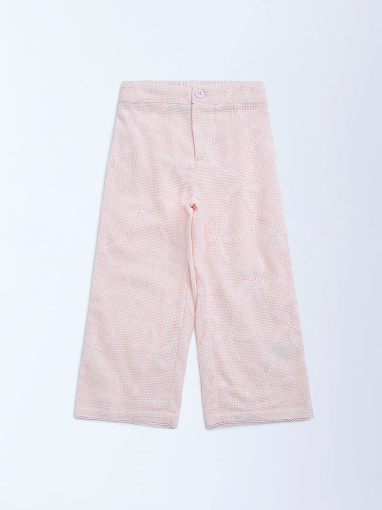 HOP Kids Pink Lace Detailed High-Rise Cotton-Blend Trousers