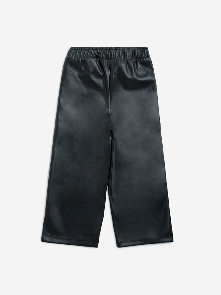 HOP Kids Black Solid High-Rise Faux-Leather Pants