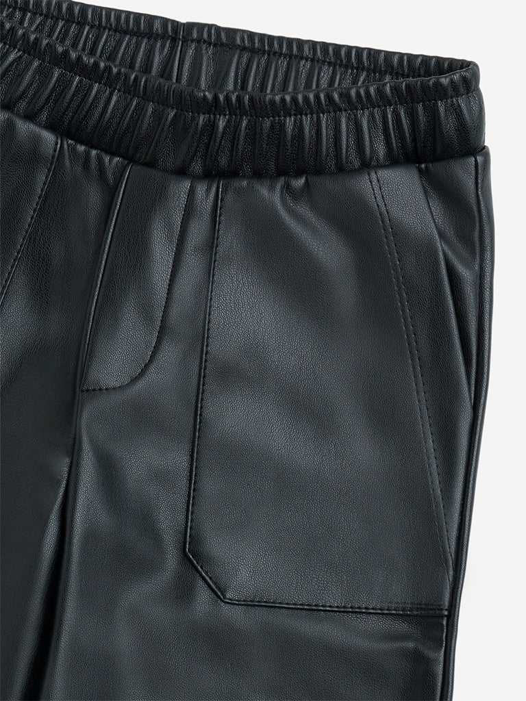 HOP Kids Black Solid High-Rise Faux-Leather Pants