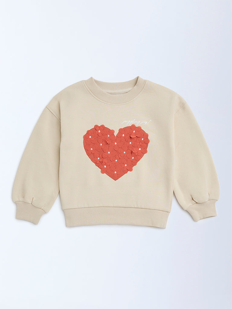 HOP Kids Beige Heart Design Cotton-Blend Sweatshirt