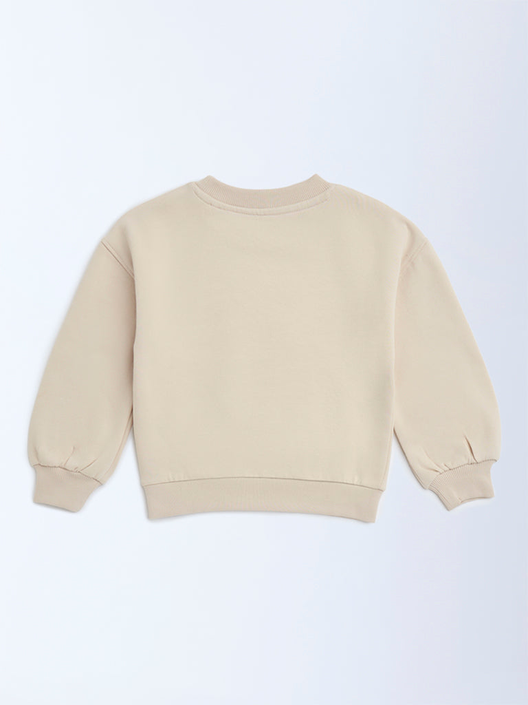 HOP Kids Beige Heart Design Cotton-Blend Sweatshirt