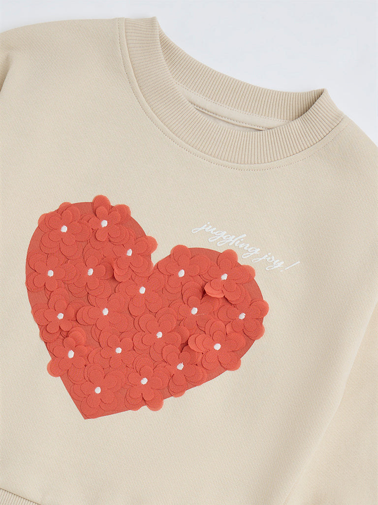 HOP Kids Beige Heart Design Cotton-Blend Sweatshirt