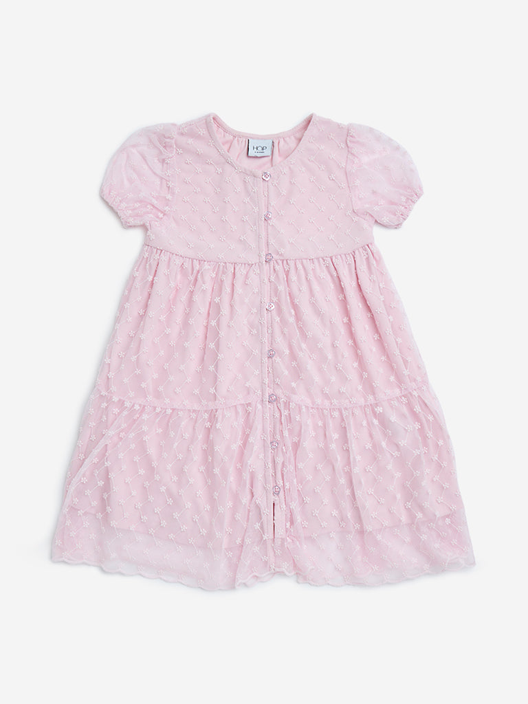 HOP Kids Pink Floral Embroidered Tiered Dress