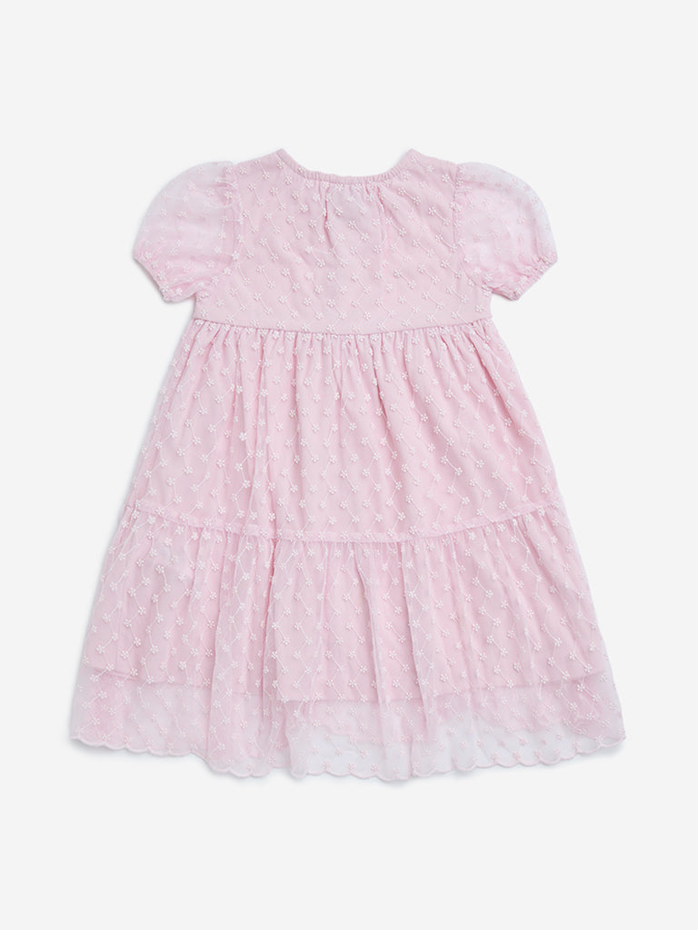 HOP Kids Pink Floral Embroidered Tiered Dress