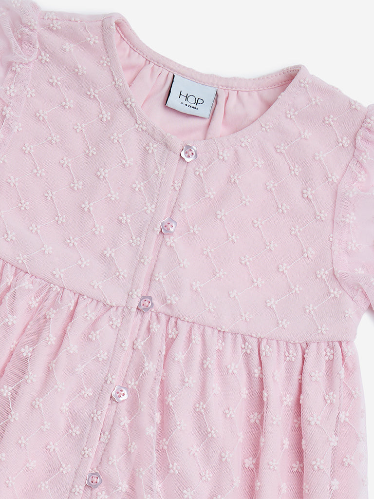HOP Kids Pink Floral Embroidered Tiered Dress
