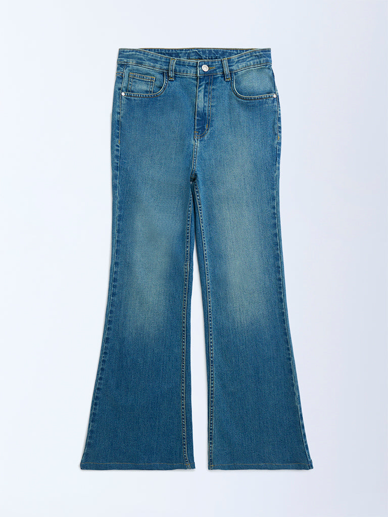 Y&F Kids Blue Faded High-Rise Bootcut Jeans