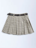 Y&F Kids Taupe Checkered High-Rise Skirt with Belt