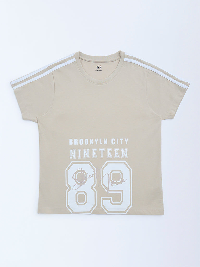 Y&F Kids Beige Text Printed Cotton T-Shirt